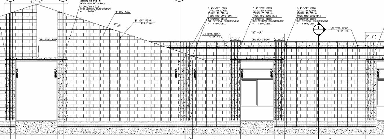 CMU shop drawings, show sizes, profiles, coursing, and locations of special shapes.