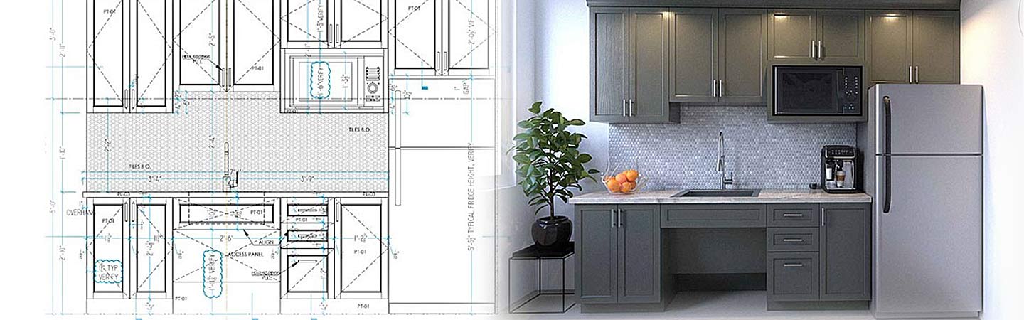 Office kitchen millwork shop drawings with realistic 3D renderings
