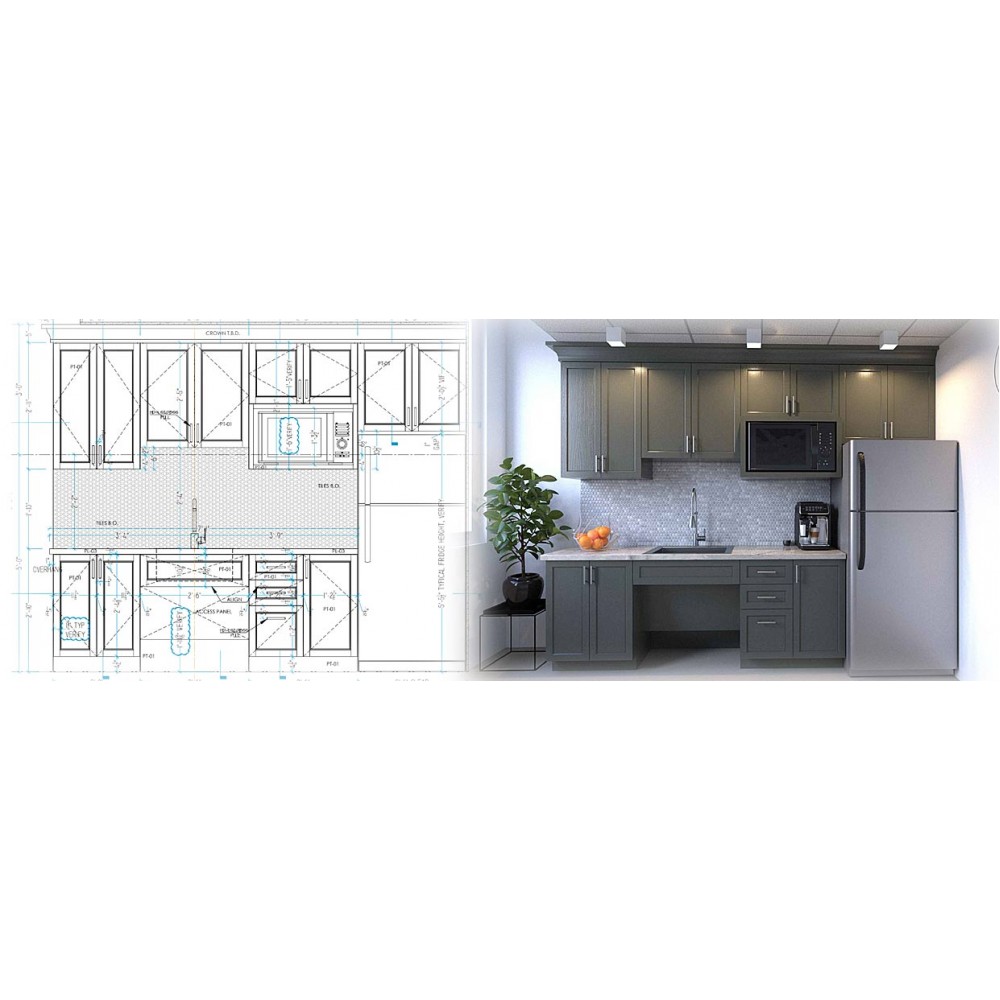 Office kitchen millwork shop drawings with realistic 3D renderings