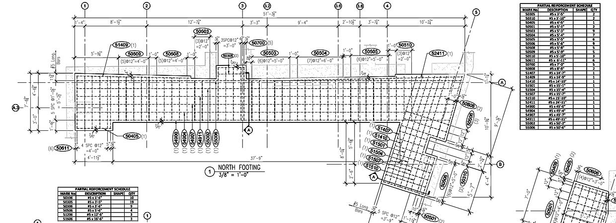 Reinforcing placement layout, Details and Rebar schedule.  (Footings, Piers, Walls and Slab)