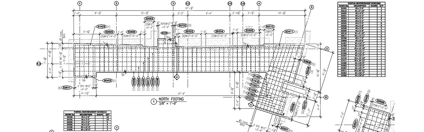 Reinforcing placement layout, Details and Rebar schedule.  (Footings, Piers, Walls and Slab)