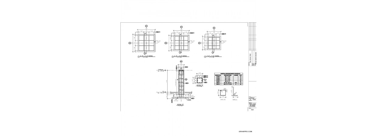 Reinforcing placement layout, Details and Rebar schedule.  (Footings, Piers, Walls and Slab)