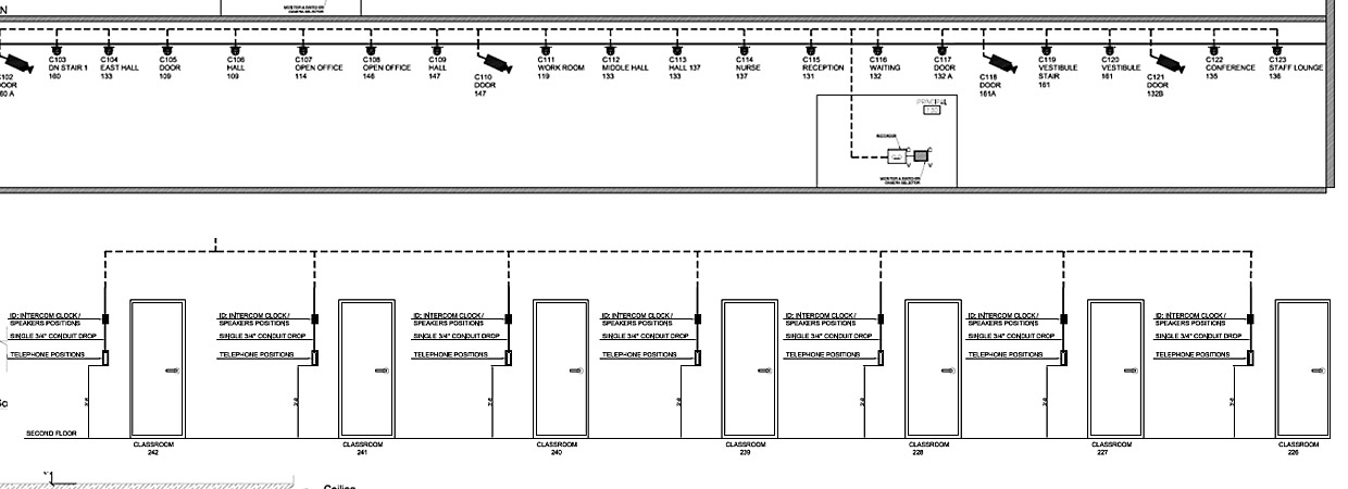 Shop drawings for commercial cameras, Intercom speakers, phones, electronic strikes and data drops
